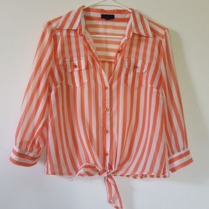 Striped tie front button down blouse